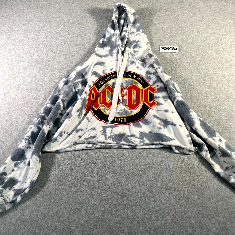 AC/DC High Voltage Rock‎ N Roll Cropped Hoodie Womens Medium White Gray Tie Dye